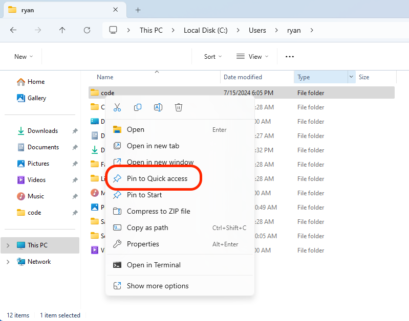 A screenshot of the File Explorer right-click menu with the "Pin to Quick access" option highlighted