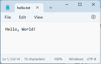 A screenshot of the Windows Notepad program with a file called hello.txt with the contents "Hello, World!"